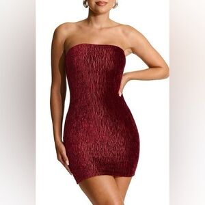 NWT | Naked Wardrobe | Texture Plush Velvet Tube Mini Dress in Burgundy | Sz L